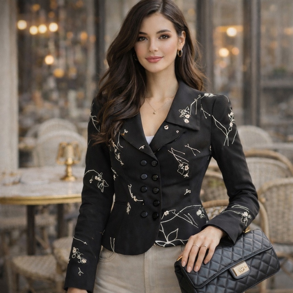 Bisou Bisou Tailored Black & White Floral Jacket | Fitted Waist Blazer Size 6